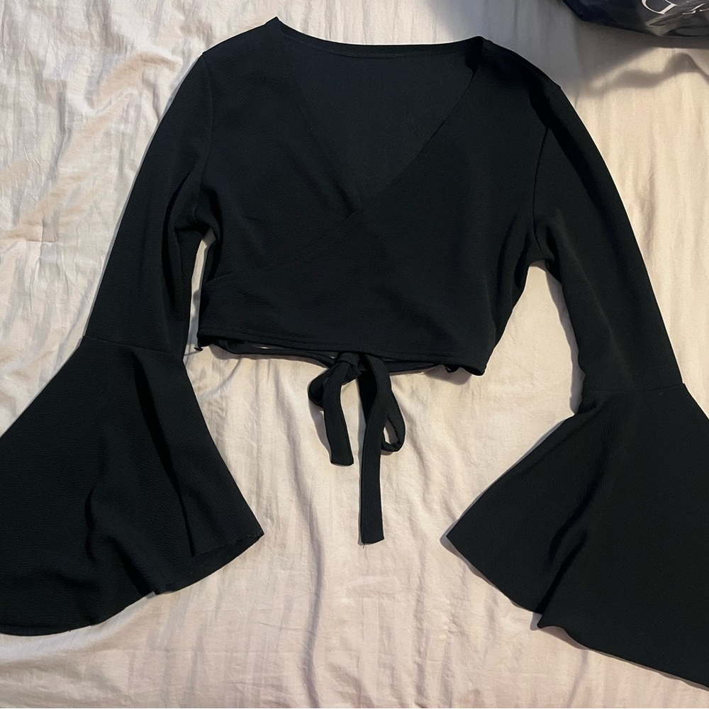 Black Wrap Top with Flared Sleeves